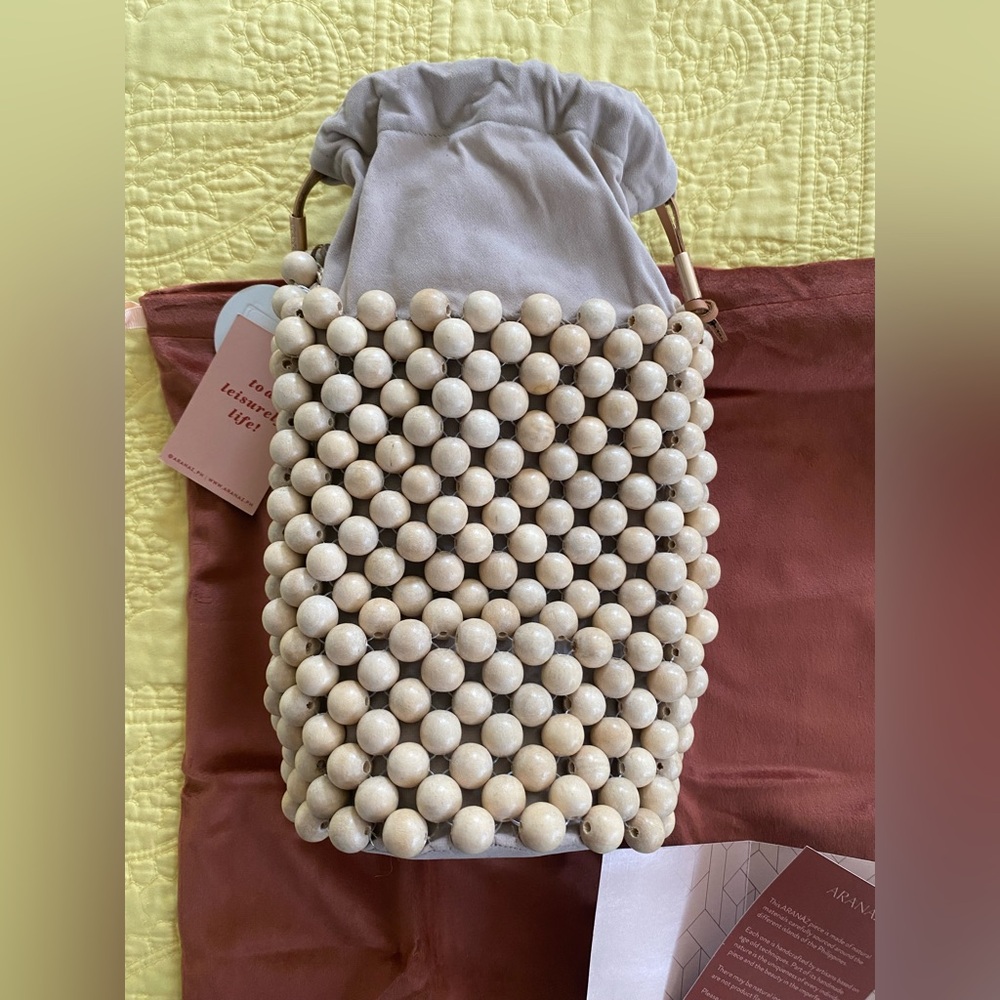 NWT Aranaz Punto Wood Beaded Bucket Bag - Picture 6 of 15
